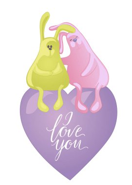 Beyaz arka plan üzerinde izole iki kucaklayan tavşan. Sevimli hayvanlar sarılmalar. Yazı seviyorum