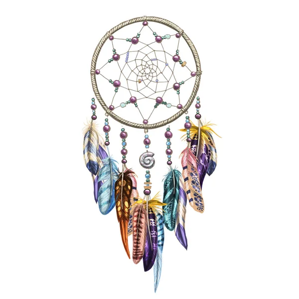 Elle çizilmiş süslü Dreamcatcher tüyler, değerli taşlar ile. Astroloji, maneviyat, sihirli sembolü. Etnik kabile öğesi.