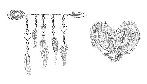 Des éléments Boho. Illustration vectorielle avec plumes et flèche. Coeur de plume. Plumes d'oiseaux d'ornement isolées sur blanc . — Image vectorielle