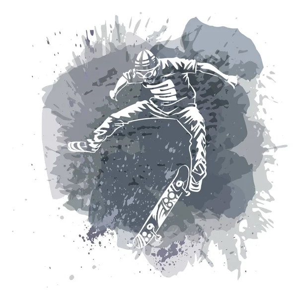 Skateboarder springen op verf vlek met splash in aquarel stijl achtergrond. Pictogram voor schaatsen en skateboards. Extreme thema moderne afdrukken. — Stockvector