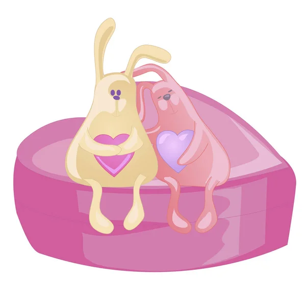 Twee omhelst konijnen zittend op een grote roze hart. Geïsoleerd op een witte achtergrond. Schattige dieren knuffels. — Stockvector