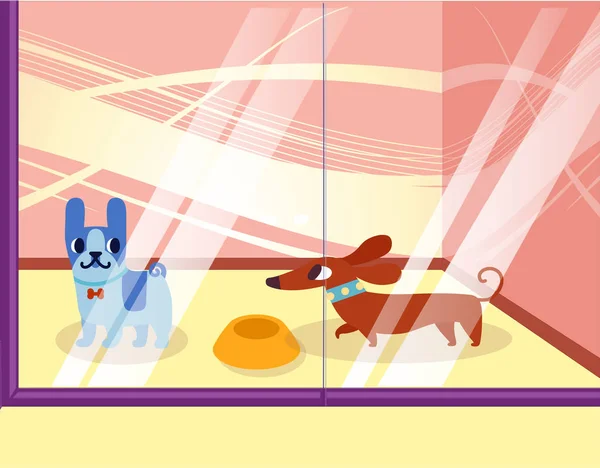 Illustration eines Petshops mit Hunden. liebliche Zeichentricktiere in der Vitrine. Vektorillustration — Stockvektor