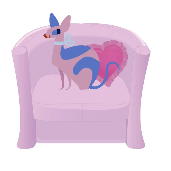 Вектор кошки сфинкса. Смешной гламурный кот с голубыми глазами в большом розовом кресле — стоковый вектор