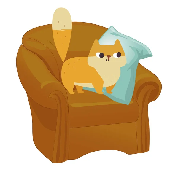 Рыжий кошачий вектор. Смешной пухлый кот в большом кресле — стоковый вектор