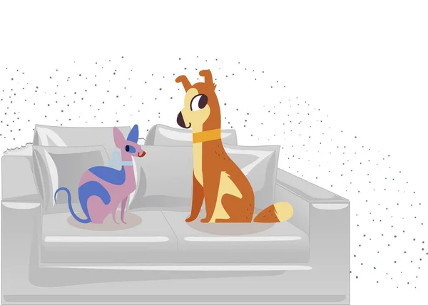 Katze und Hund sind die besten Freunde. Hund und Katze Sphinx sitzen auf der Couch. Vektor flache Cartoon-Illustration isoliert auf weiß. — Stockvektor