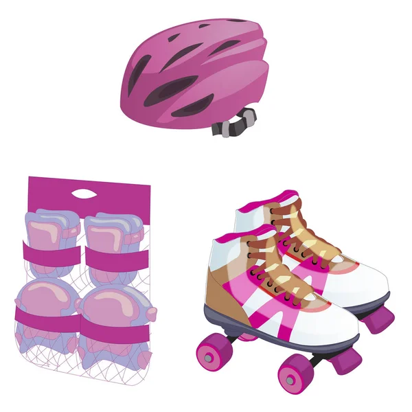 Patinaje sobre ruedas. lindo equipo de dibujos animados conjunto. guantes de protección, casco y stuff.Flat estilo vector ilustración . — Vector de stock