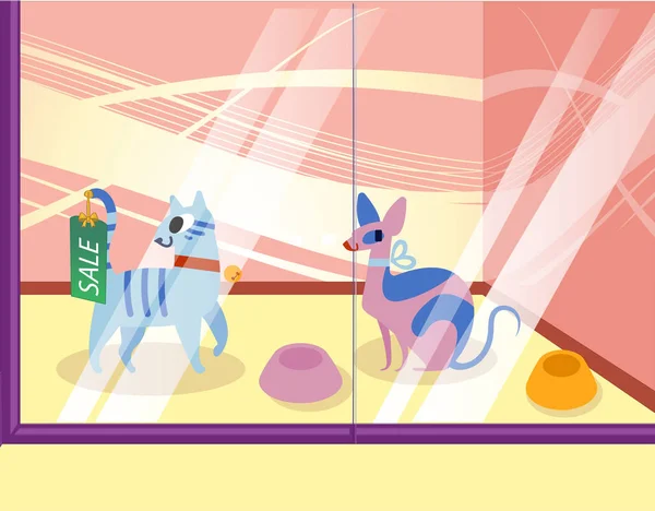 Illustration eines Petshops mit Katzen. liebliche Zeichentricktiere in der Vitrine. Vektorillustration — Stockvektor