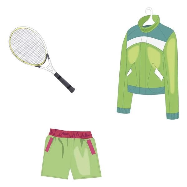 Sportkläder och ett racket för att spela tennis. Vektorillustration. Isolerad på vit bakgrund. — Stock vektor