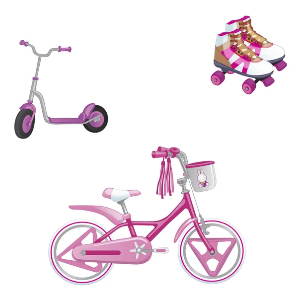 Conjunto de transporte infantil. Transporte ecológico para niños. Linda bicicleta para niños, patinaje sobre ruedas y patinete scooter para una chica. Ilustración vectorial aislada sobre fondo blanco — Vector de stock