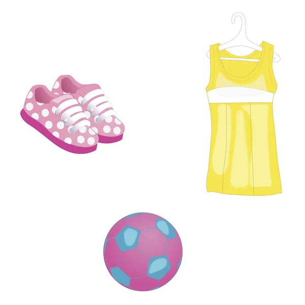Playa de verano, ropa de mar, iconos de vestir y una pelota para niña. Ilustración vectorial. Aislado sobre fondo blanco . — Vector de stock