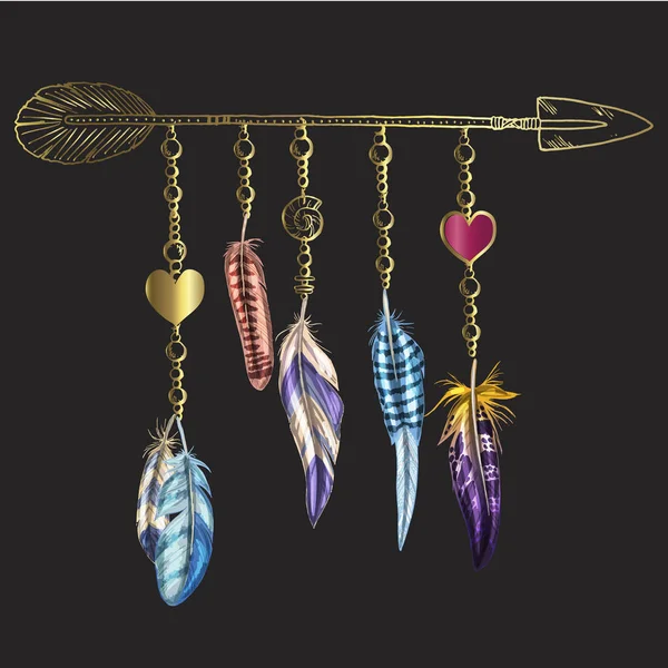 Elementos Boho de lujo dorado. Ilustración vectorial con plumas, flecha y cadenas. Plumas de aves ornamentales aisladas en negro. Plumas multicolores — Vector de stock