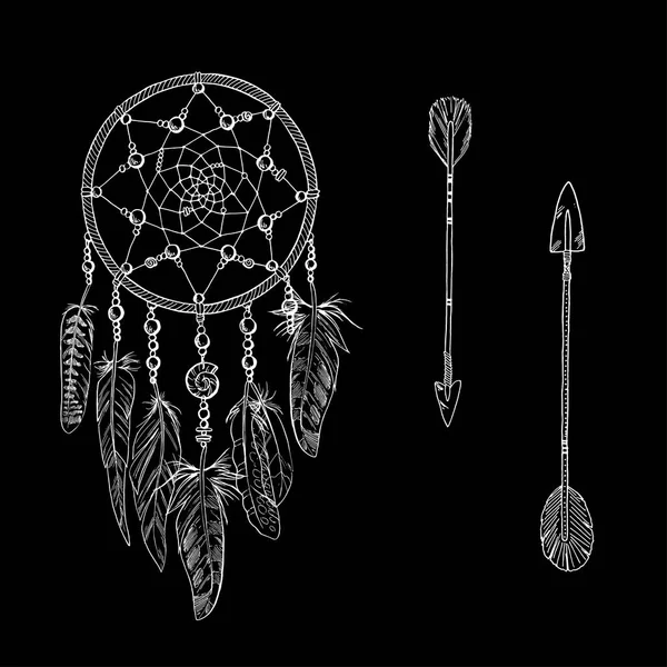 Acchiappasogni ornato disegnato a mano con piume, pietre preziose. E due frecce isolate Astrologia, spiritualità, simbolo magico. Elemento etnico tribale. Illustrazione vettoriale — Vettoriale Stock