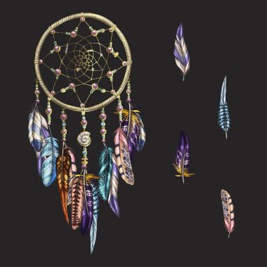 Lüks süslü Dreamcatcher tüyler ve siyah bir arka plan üzerinde izole değerli taşlar ile. Astroloji, maneviyat, sihirli sembolü. Etnik kabile öğesi. Vektör çizim