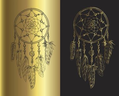 Elle çizilmiş tüyleri, siyah ve altın arka plan üzerinde izole değerli taşlar ile süslü Dreamcatchers. Astroloji, maneviyat, sihirli sembolü. Etnik kabile öğesi. Vektör çizim