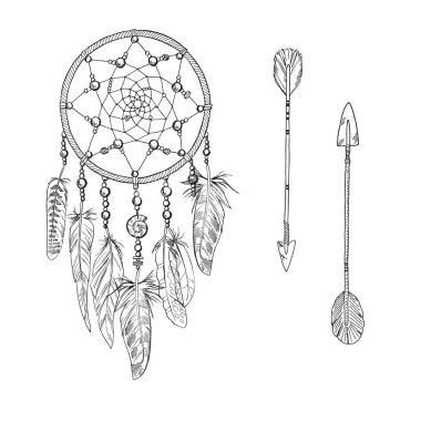 El tüyler, değerli taşlar ve beyaz bir arka plan üzerinde izole okları ile süslü beyaz Dreamcatchers çekilmiş. Astroloji, maneviyat, sihirli sembolü. Etnik kabile öğesi. Vektör çizim