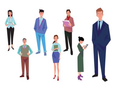 Ofis çalışanları, çalışanların, yöneticileri ve takım lideri. İş adamları rahat ve office giysili. Beyaz izole. İş ikonları/simgeleri. İş tasarımı. Vektör çizim.