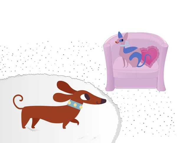 Katzen- und Hundefiguren. Dackel und Sphinx. Vektor flache Cartoon-Illustration. isoliert auf weißem Hintergrund. — Stockvektor
