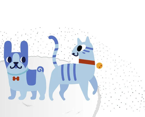 Katzen- und Hundefiguren. Französische Bulldogge und gestreifte Katze im roten Halsband mit Glocke. Vektor flache Cartoon-Illustration. isoliert auf weißem Hintergrund. — Stockvektor