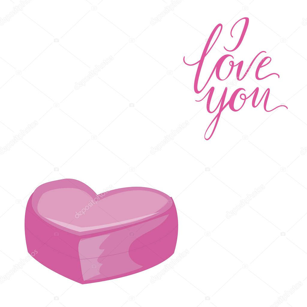 Decorative card with simple pink heart. I Love You lettering. Isolated on white background. Vector illustration