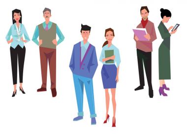 Çiftler Ofis çalışanları, çalışanların, yöneticileri ve takım lideri. İş adamları rahat ve office giysili. Beyaz izole. İş ikonları/simgeleri. İş tasarımı. Vektör çizim.