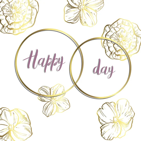 Dekorative Karte mit zwei Ringen und Blumen. Gold auf Weiß. Happy Day Schriftzug. Vektorillustration — Stockvektor