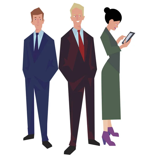 Üç Ofis çalışanları, çalışanların, yöneticileri. İki erkek ve bir kadın. İş adamları office giysili. Beyaz izole. İş ikonları/simgeleri. İş tasarımı. Vektör çizim.