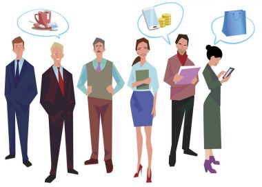 Ofis çalışanları, çalışanların, konuşma balonları ile yöneticileri grubu. İş adamları rahat ve office giysili. Beyaz izole. İş ikonları/simgeleri. İş tasarımı. Vektör çizim.