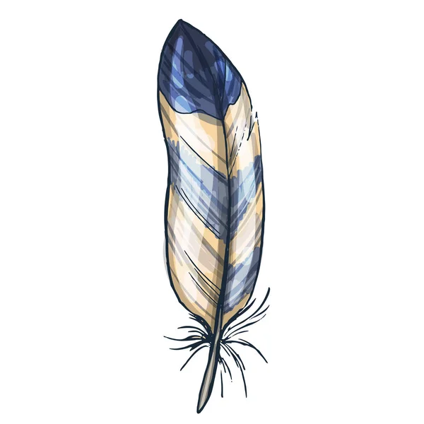 Pluma colorida y detallada de pájaro beige y azul, aislada sobre fondo blanco. Ilustración vectorial . — Vector de stock