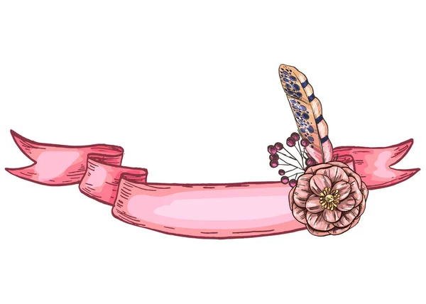 Fita suavemente rosa decorada com flor e pena. Isolado. Coloque para a sua inscrição. Modelo pronto para o seu projeto. Ilustração vetorial . —  Vetores de Stock