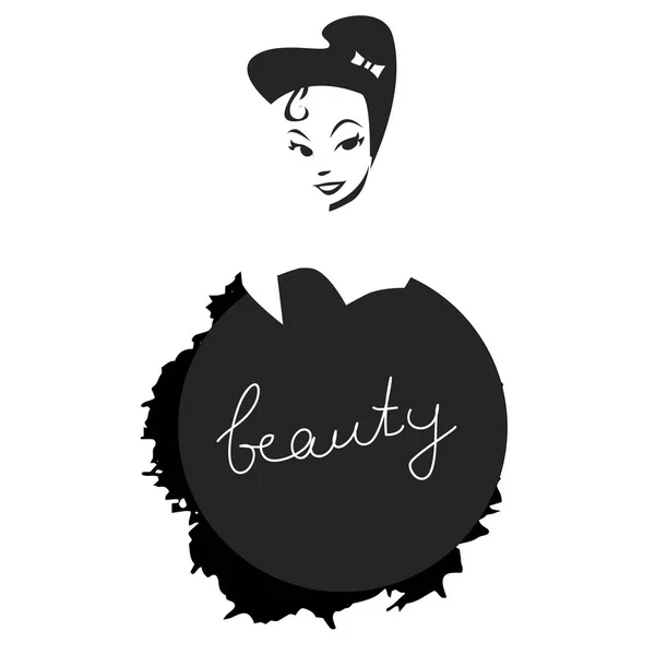 Inscripción de belleza en salpicadura negra y bonita chica de dibujos animados. Aislado sobre fondo blanco. Ilustración vectorial . — Vector de stock