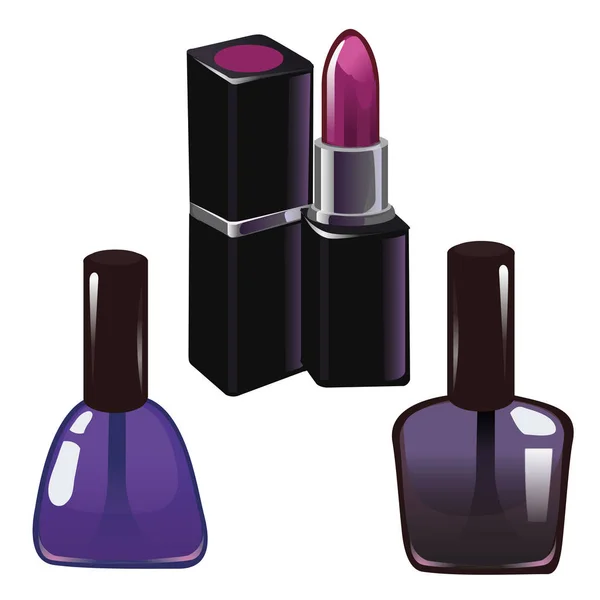 Esmalte de uñas púrpura y lápiz labial púrpura aislado sobre fondo blanco. Ilustración vectorial . — Vector de stock