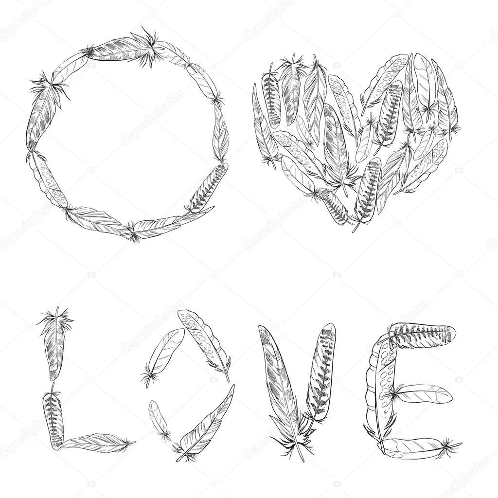 A set of elements made of bird feathers. Feather wreath. Love inscription. Heart of feathers. Black and white. Isolated. Vector illustration.