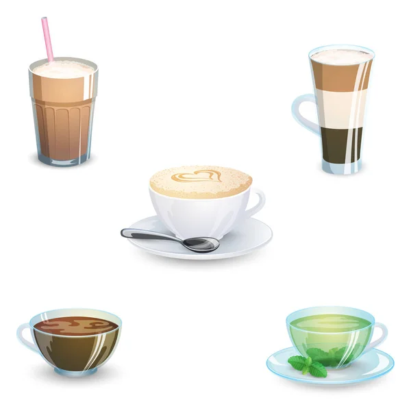 Uppsättning av läckra varma drycker kaffe, te och förnödenheter isolerad på vit bakgrund. Vektorillustration. — Stock vektor