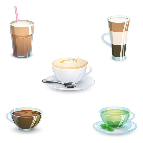 Set of delicious hot drinks coffee, tea and supplies isolated on white background. Vector illustration.