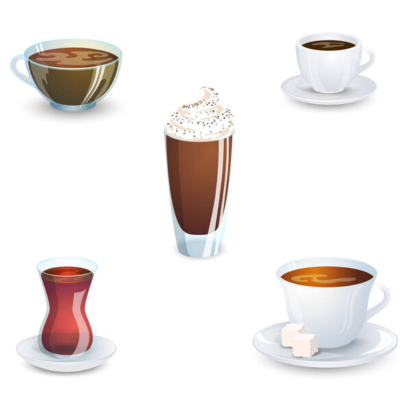 Set of delicious hot drinks coffee, tea and supplies isolated on white background. Vector illustration.