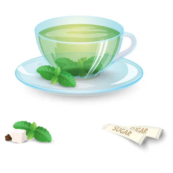 Átlátszó csésze zöld tea, menta és a cukorral, elszigetelt fehér background. Vektoros illusztráció. — Stock Vector