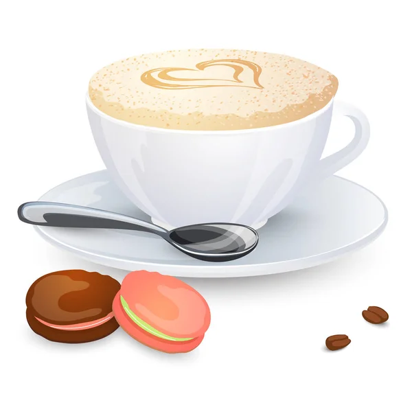 Copo cappuccino com design de corações em cima e macaroons isolados em fundo branco. Ilustração vetorial . — Vetor de Stock