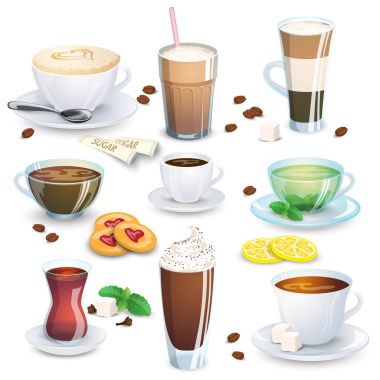 Set of non-alcoholic beverages - tea, herbal tea, hot chocolate, latte, mate, coffee, and small additions for hot drinks. Vector illustration, isolated on white. clipart