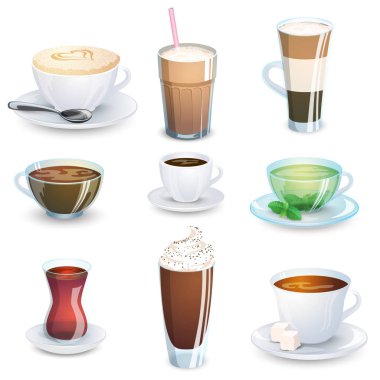 Set of non-alcoholic beverages - tea, herbal tea, hot chocolate, latte, mate, coffee. Vector illustration, isolated on white. clipart