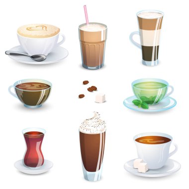 Set of non-alcoholic beverages - tea, herbal tea, hot chocolate, latte, mate, coffee. Vector illustration, isolated on white. clipart
