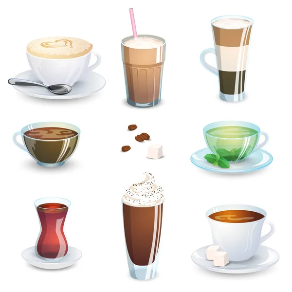 Ensemble de boissons non alcoolisées thé, tisane, chocolat chaud, latte, maté, café. Illustration vectorielle, isolée sur blanc . — Image vectorielle