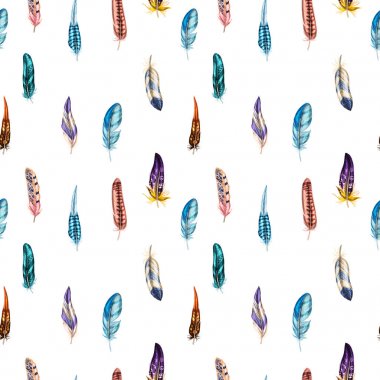 Dikişsiz desen renkli ayrıntılı kuş tüyleri ile. Vektör çizim.