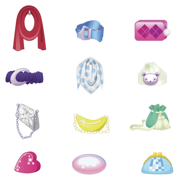 Vrouw accessoires set. Collectie van kleurrijke vrouwelijke accessoires Tassen, sjaal, riemen. Vectorillustratie. — Stockvector