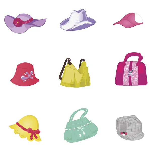 Vrouw accessoires set. Collectie van kleurrijke vrouwelijke accessoires Tassen en hoeden. Vectorillustratie. — Stockvector
