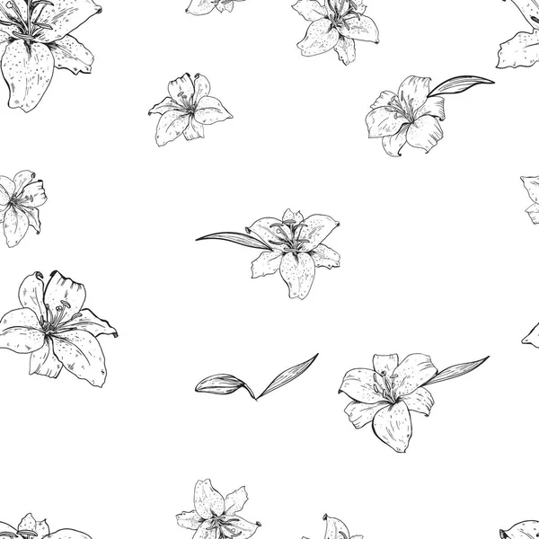 Lily bloemen hand getrokken in contour. Naadloze patroon. Vectorillustratie. — Stockvector