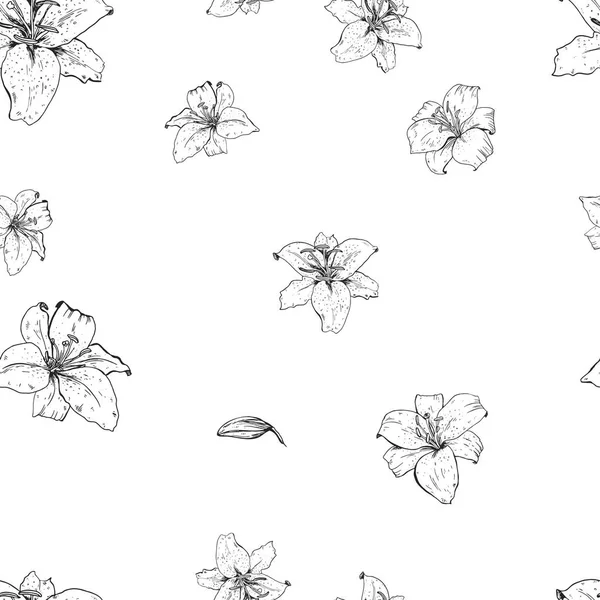 Lily bloemen hand getrokken in contour. Naadloze patroon. Vectorillustratie. — Stockvector