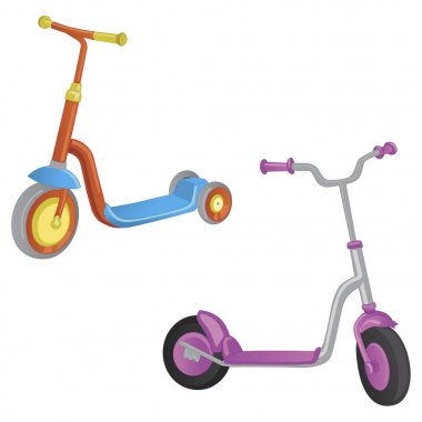 İki sevimli renk tekme scooter. Erkek ve kız için. Beyaz arka plan üzerinde izole scooter itin. Çocuklar için Eko taşıma. Vektör çizim.