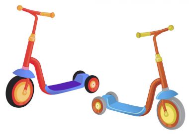 İki sevimli renk tekme scooter. Beyaz arka plan üzerinde izole scooter itin. Çocuklar için Eko taşıma. Vektör çizim.