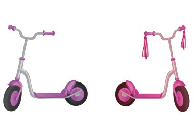 İki sevimli renk tekme scooter. Erkek ve kız için. Beyaz arka plan üzerinde izole scooter itin. Çocuklar için Eko taşıma. Vektör çizim.