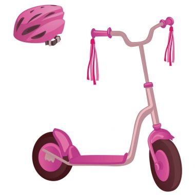 Pembe renk tekme scooter ve koruyucu kask. Beyaz arka plan üzerinde izole scooter itin. Çocuklar için Eko taşıma. Vektör çizim.